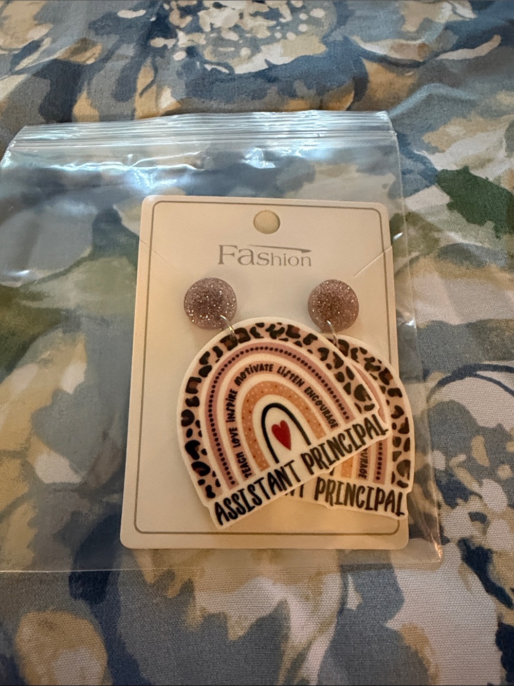 Assistant Principal Rainbow Earrings - Pink Glitter & Leopard Accent